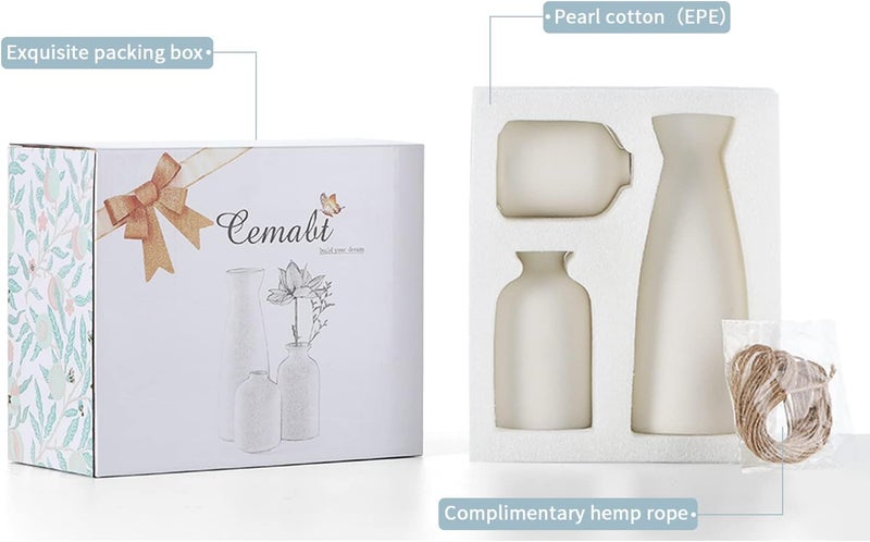 CEMABT White Ceramic vase Set-3 Small Flower vases for Decor,Modern Boho Farmhouse Home Decor,Decorative vase for Pampas Grass&Dried Flowers,idea Shelf,Table,Bookshelf ，Entryway- Distressed - Image 4